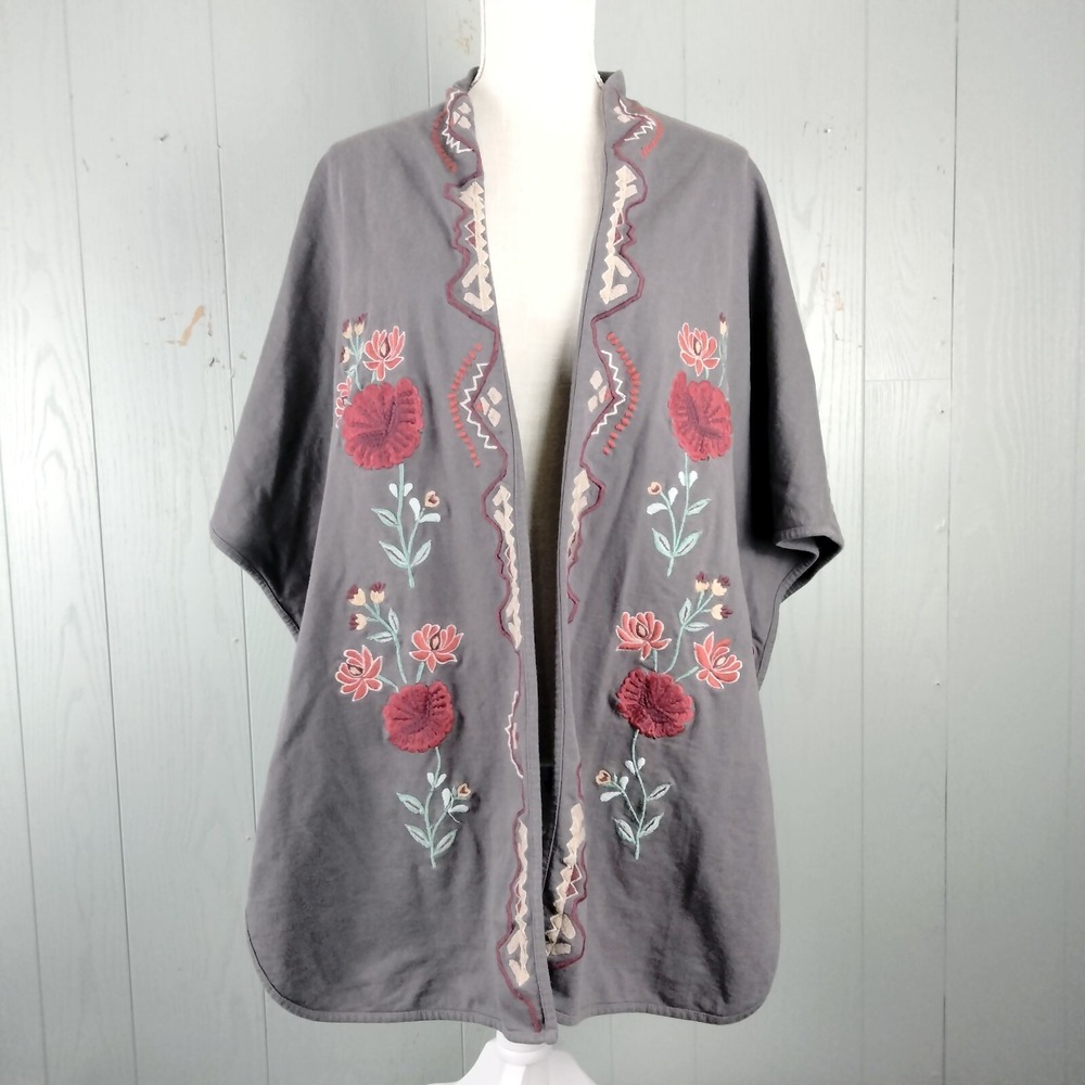 Soft Surroundings Poncho Cape Womens S Taupe Embroidered Open Front Boho Relaxed
